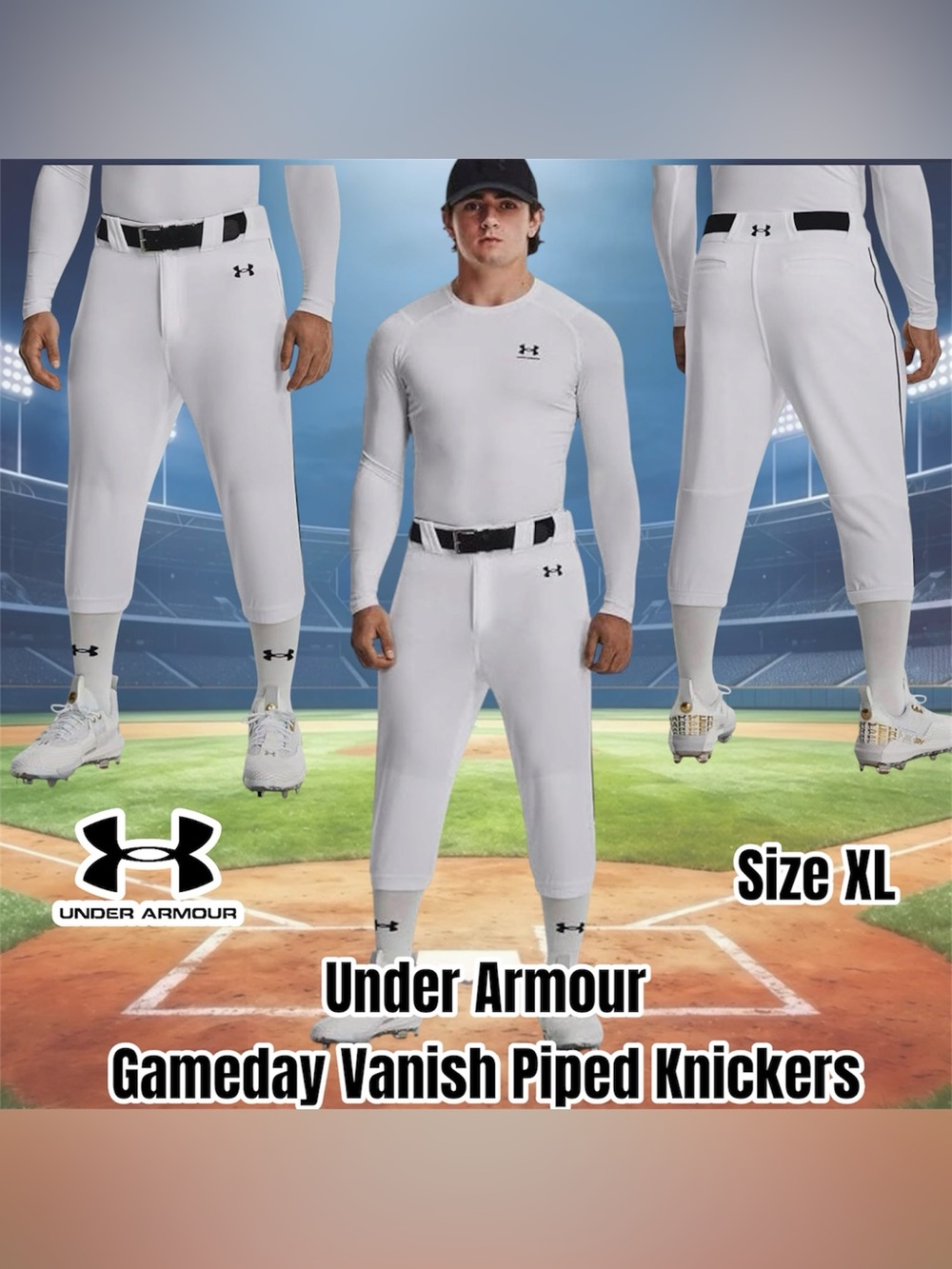 Under Armour Men’s White Baseball Gameday Piped Knickers, Size XL